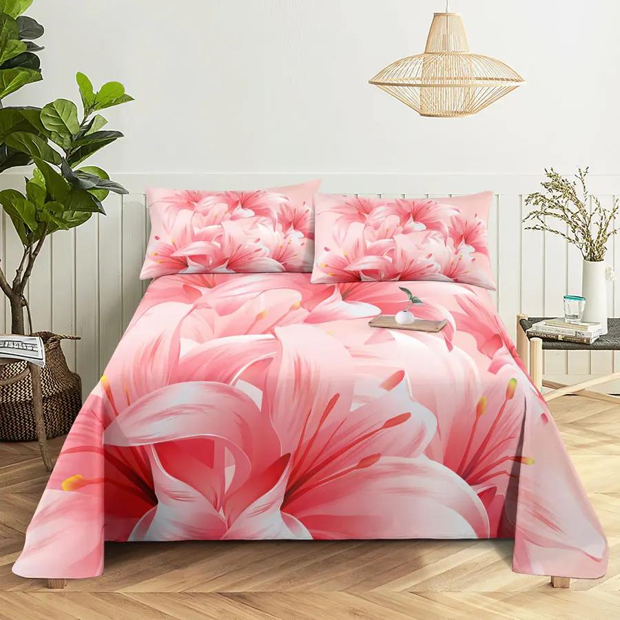 Pink Floral Bed Sheet Set Pillowcase Bedding Linens Cover Flower Queen King Twin Full Size for Single Double Bed Soft Thin