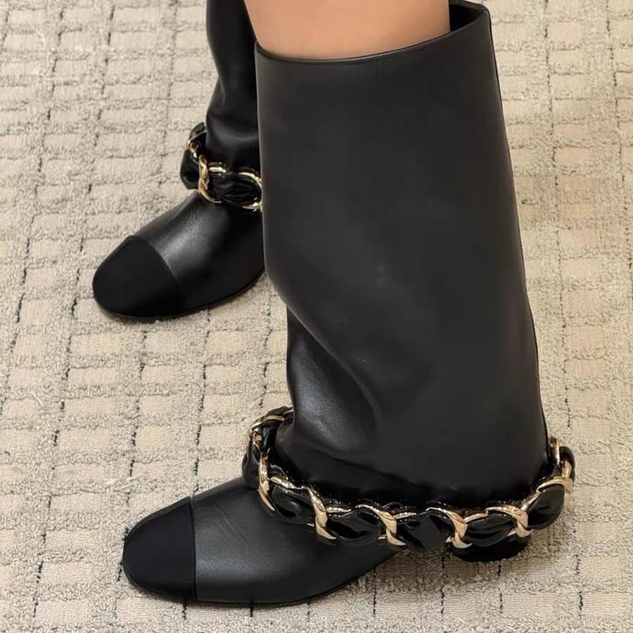 Fashion 2025 Newest Classic Chain Mid-calf Boots Mixed Colors Round Toe Block Chunky Heeled Slip On Black Fashion Women's Modern Boots