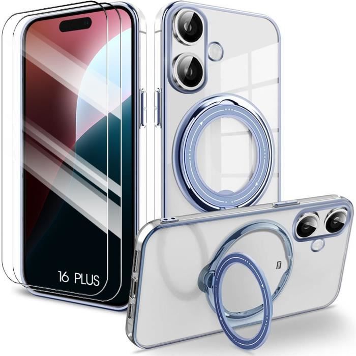 Coque et 2 Verres Trempés pour iPhone 16 Plus, Coque avec Support Magnétique Intégré - Protection Antichoc Bleu