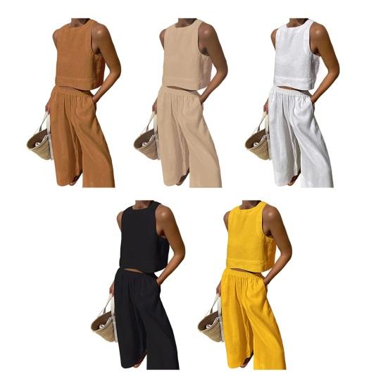 Женский летний комплект из 2 предметов: жилет без рукавов с круглым вырезом, эластичные длинные брюки с высокой талией, однотонный тонкий повседневный комплект