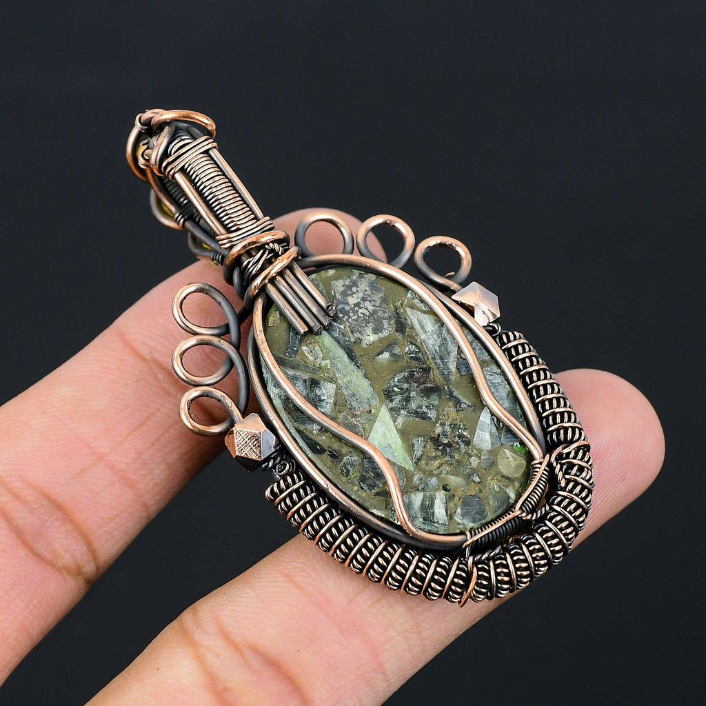 Медный Серафинит Драгоценный Камень Чистая Медная Проволока Обернутая Ювелирные Изделия Ручной Работы Кулон
