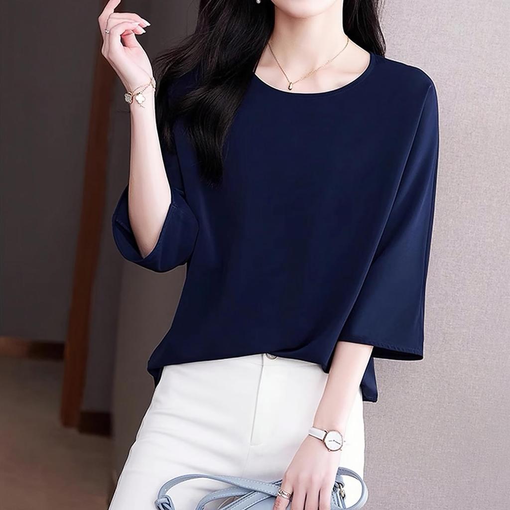 Блузка для свободного летнего делового стиля [Lalapala] Женская, рукав 3/4, летняя, шифоновая, топ, приталенная, простая, тонкая, шелковистая, пуловер, костюм, нижнее белье, шелковистая,