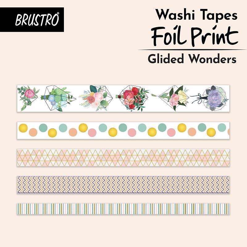 Маскировочные ленты Brustro Washi с фольгированными принтами, блестящие во всех местах, оттенок Wonders, Набор из 5 штук (25 мм x 5 м - 1 лента, 15 мм x 5 м -