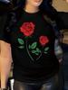 Футболка с красной розой  Женская с принтом красной розы  Повседневная с коротким рукавом  Круглый вырез  Топ Дизайн в ярких цветах Модная футболка-заявление