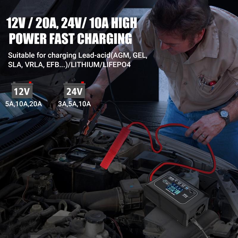 HTRC 20A 12V-24V Умное зарядное устройство для аккумуляторов мотоциклов, автомобилей, ремонт автомобильных и мотоциклетных свинцово-кислотных, AGM, GEL, PB, литиевых LiFePo4 аккумуляторов