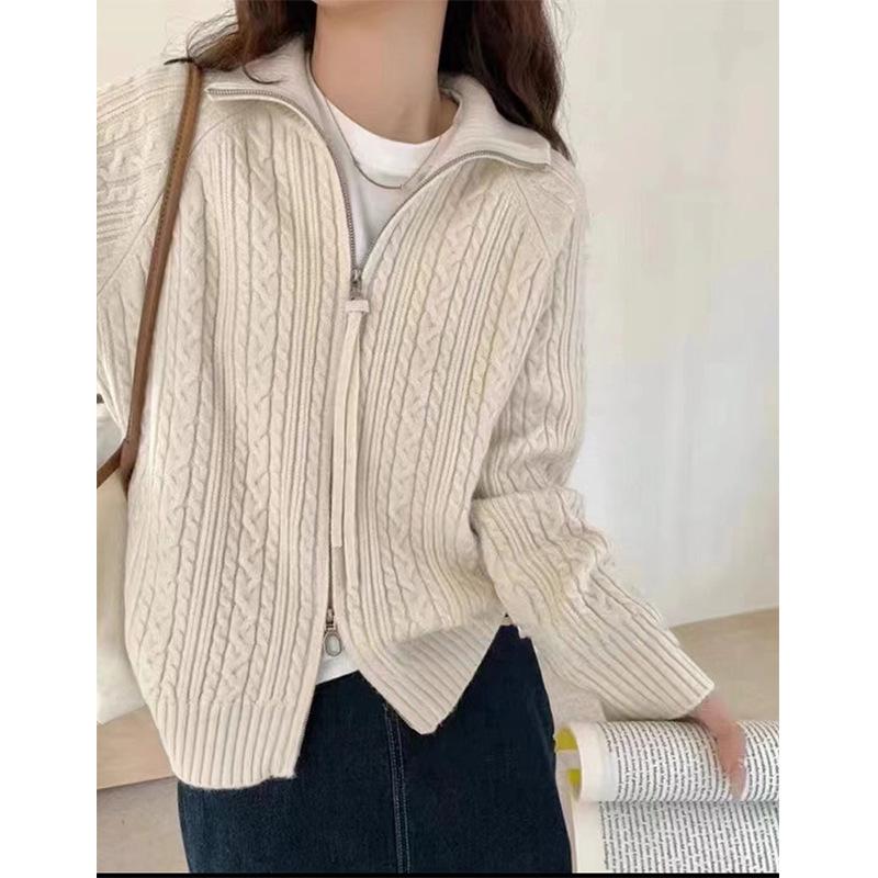 Women's Autumn and Winter Double Zip Solid Colour Twist Knit Cardigan Sweater