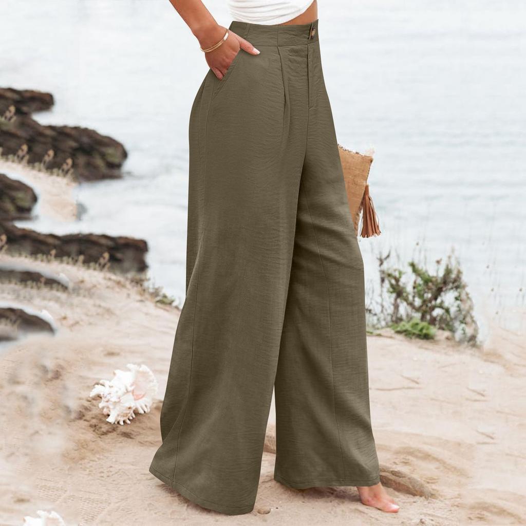 Широкие брюки для женщин, однотонные повседневные брюки с высокой талией, брюки на пуговицах для тренировок с карманами