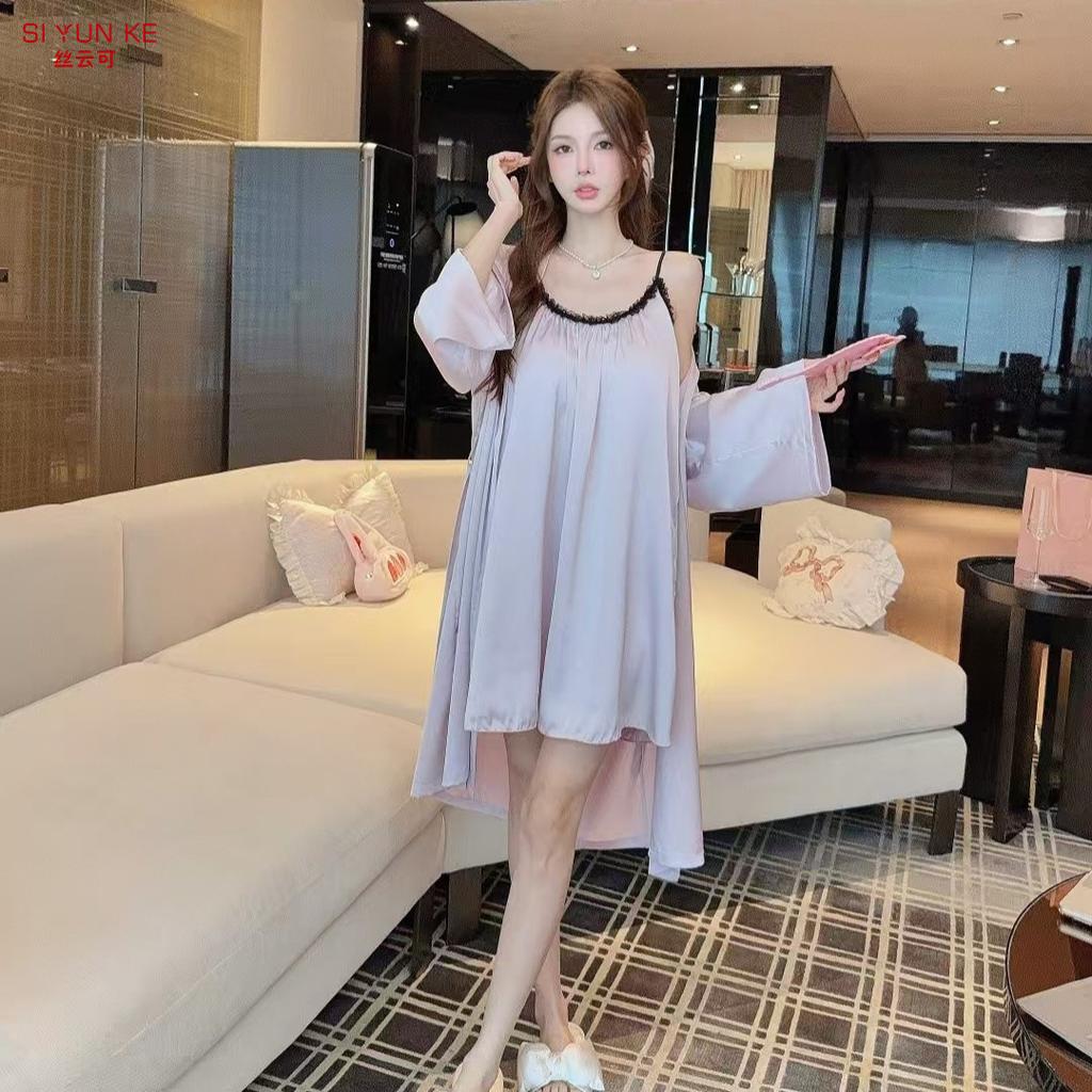 Summer thin ice silk suspender nightdress women's satin loungewear three-piece loose and sexy nightgown skirt can be worn outside