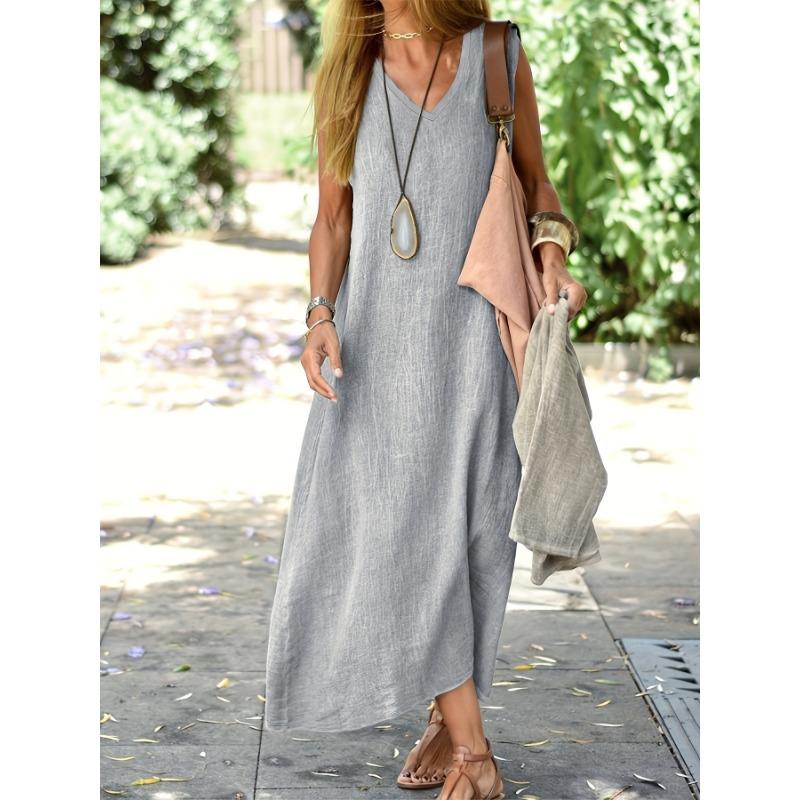 Женский пуловер с V-образным вырезом, хлопковое льняное платье, однотонное платье со свободной талией, женское летнее повседневное удобное повседневное платье без рукавов