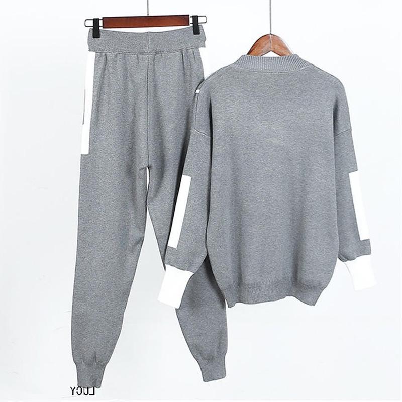 Knitted Casual Tracksuit Pant Suits Fashion Elegant 2 Piece Women Pullover Sweater Trousers Set