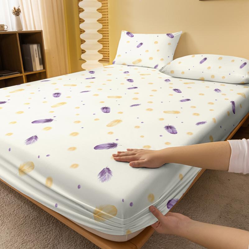 1 Simple Modern Feather Printed Matte Fitted Sheet, Bedroom Printed Bed Cover, Bedding (Excluding Pillowcases)