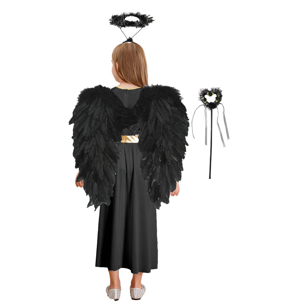 Girls Halloween Party Costume 4Pcs Angel Set with Dress Wings Headband & Wand Cosplay Performance Outfit