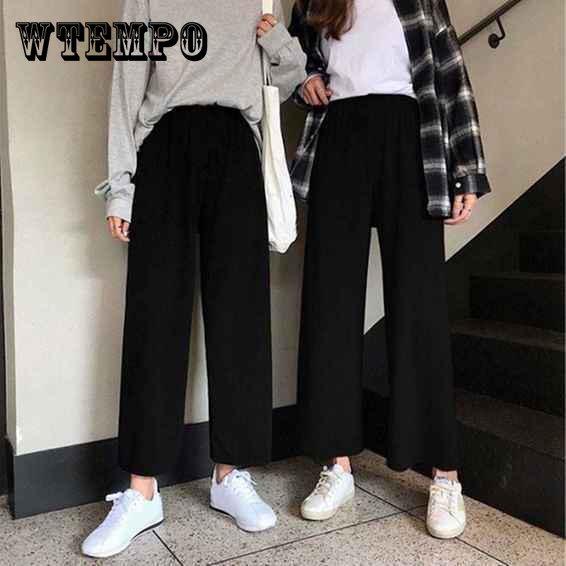 Широкие брюки, женские однотонные брюки с высокой талией, плиссированные свободные повседневные элегантные корейские стильные шикарные школьные повседневные брюки для девочек
