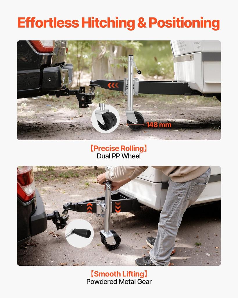 Trailer Jack with Wheel, 907 kg Load Capacity, Heavy Duty Swivel Boat Trailer Jack with PP Dual Wheel & Ergonomic Handle, 381-685 mm Lift Range, Fit