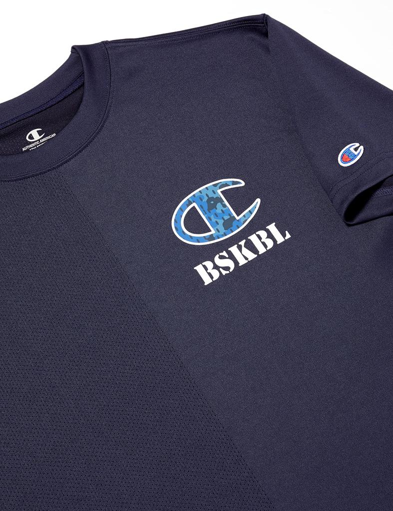 Champion Short Sleeve Basketball Size with a Logo Men's T-Shirt, Navy, L, C3-XB340, Quick-Drying, Antibacterial, Odor-Resistant, One-Point