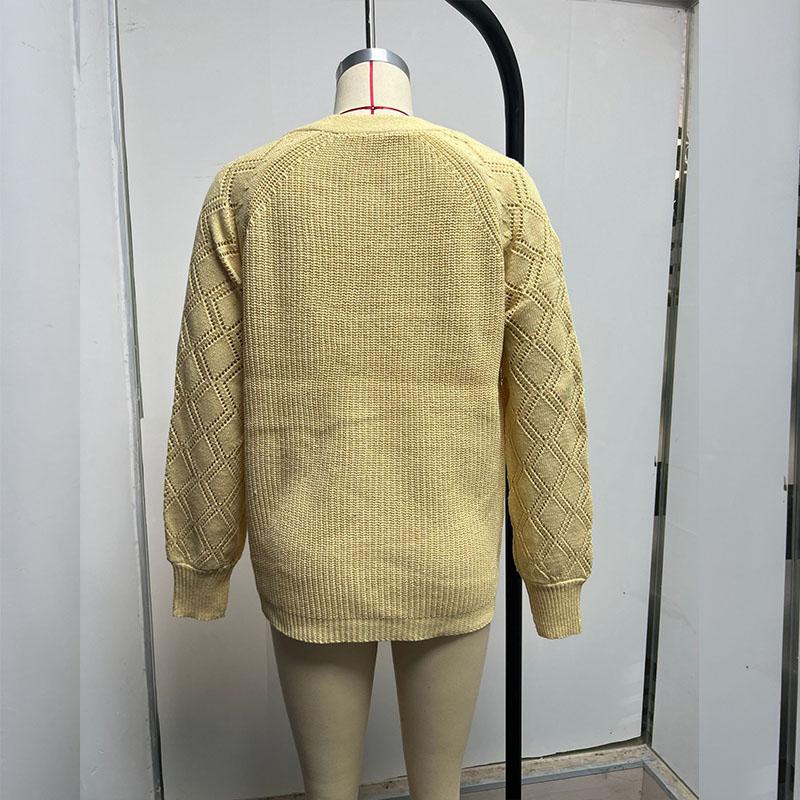 Осенний женский трикотаж, однотонный трикотаж с ромбами и объемными рукавами, свободный однобортный кардиган, свитер