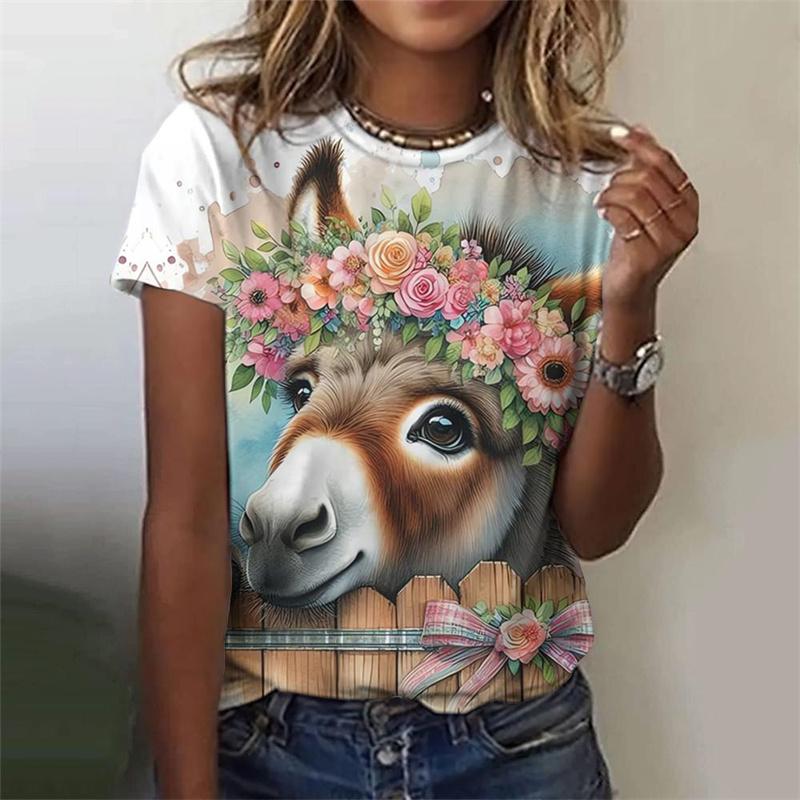 Милая футболка с рисунком коровы и осла для женщин, футболки с 3D-принтом и цветами, модные уличные футболки с круглым вырезом и коротким рукавом