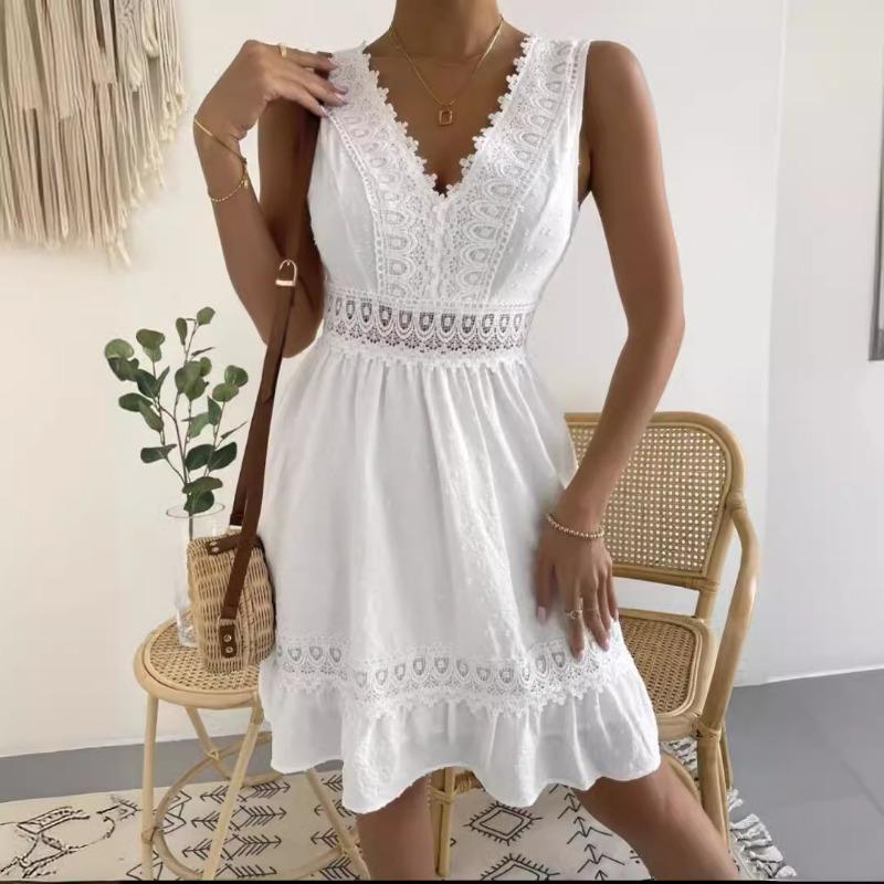 Fashion V-Neck Women Lace Splicing Summer Dress Sexy Backless Casual Elegant A-line Party Short Dresses Female Loose Simple Women's Clothing