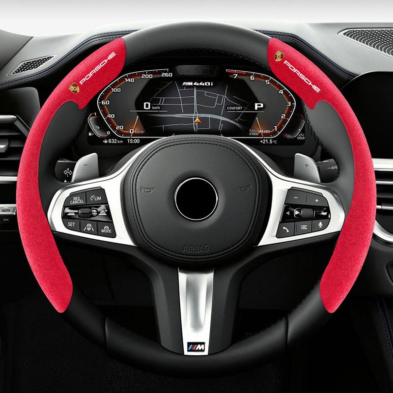 AIZ3 2Pcs Car Steering Wheel Cover Suede Anti-slip Cover For Porsche 911 Cayenne Carrera-GT 928 Panamera Boxster Macan 918-Spyder 968