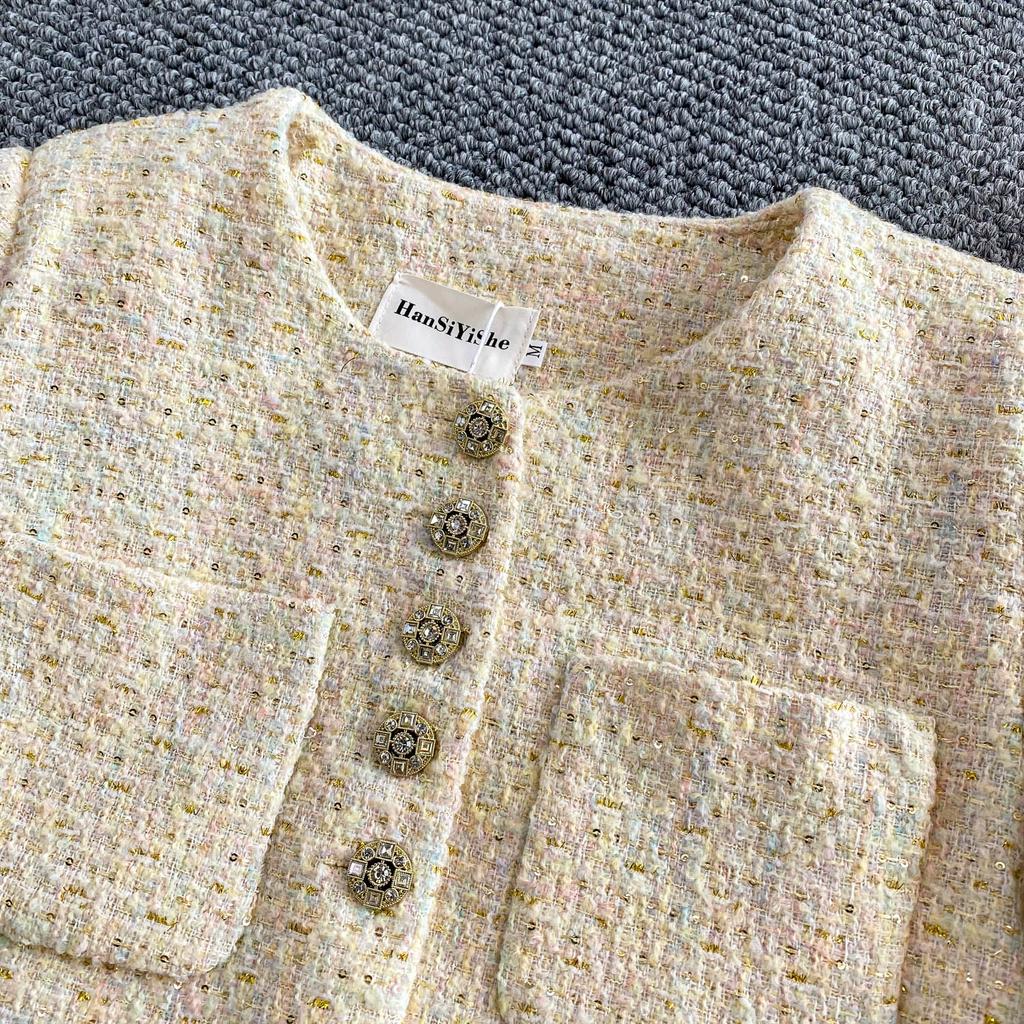 Осень Зима Женский Элегантный Маленький Ароматный Ветер Полный Рукав Однобортный Твидовый Короткий Пиджак Пальто С Карманом