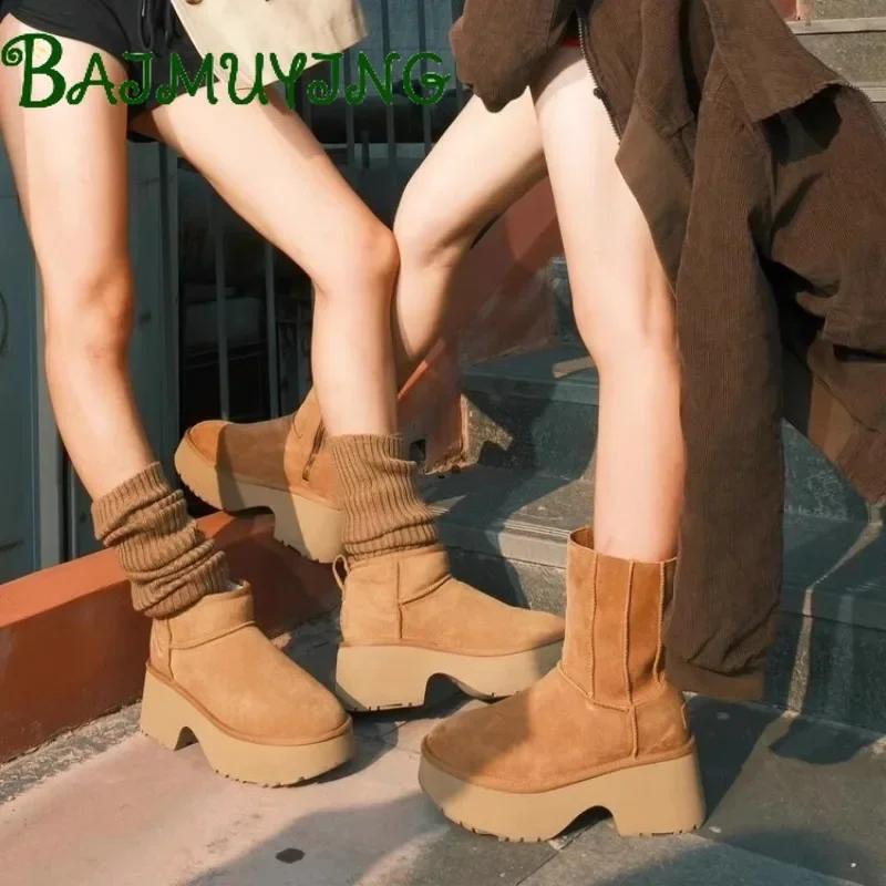 Туфли из хлопка и замши, женские меховые зимние сапоги на платформе, 2024, зимние новые ботильоны, плюшевые теплые каблуки, модный бренд Zapatos Mujer