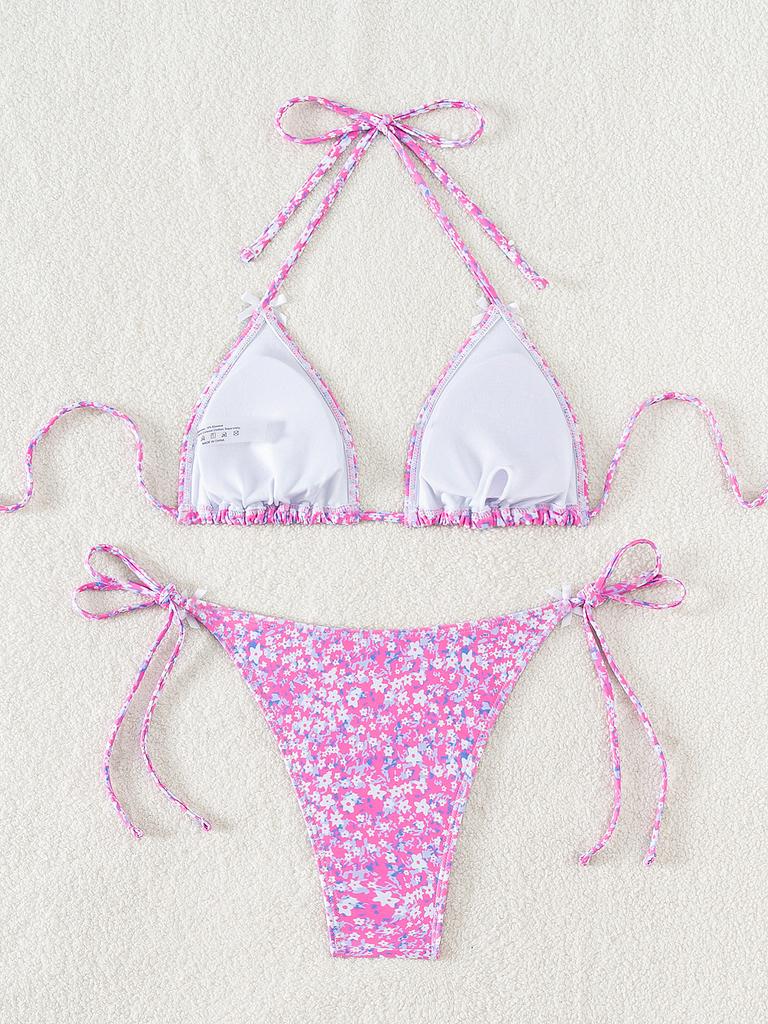 Женский купальник с цветочным бантом, сексуальная треугольная сумка, завязка сбоку, бикини с низкой талией, пляжная одежда, купальные костюмы