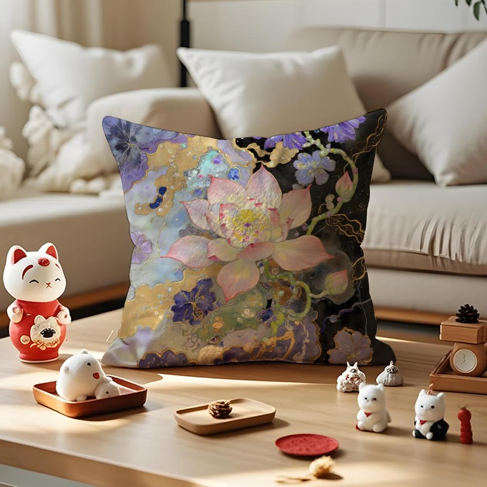 Fashion Lotus Cushion Cover Anti-dustmite Pillowcase Invisible Zipper Silky Short Plush Sofa Cushion Cover