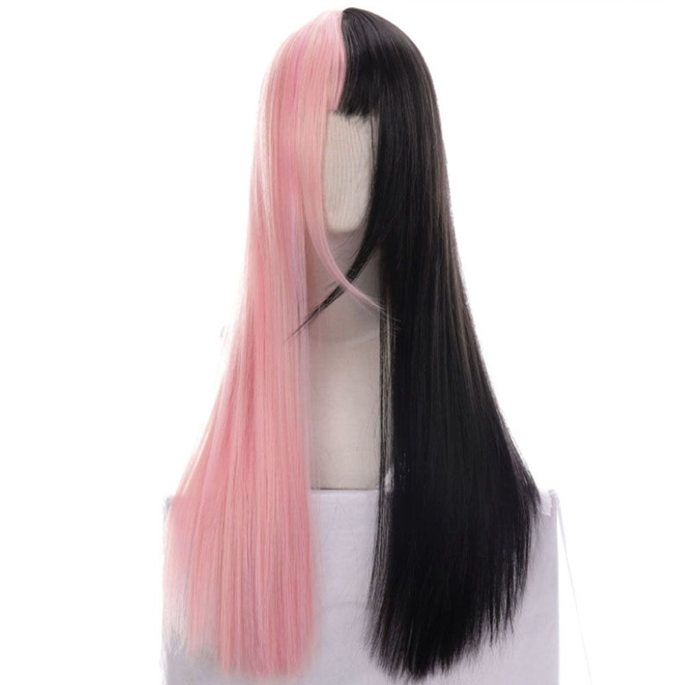 Women Female Synthetic Bangs Cosplay Lolita Double Color Toupee Black&pink Wig Long Straight Hair