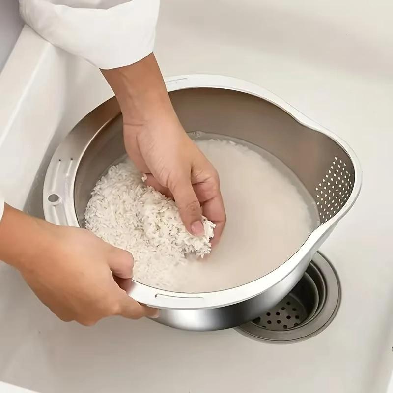 New Rice Washer Strainer Bowl Stainless SteelRice Washing Bowl Rice Sieve Colander Fruit and Vegetable Strainer Kitchen Tools