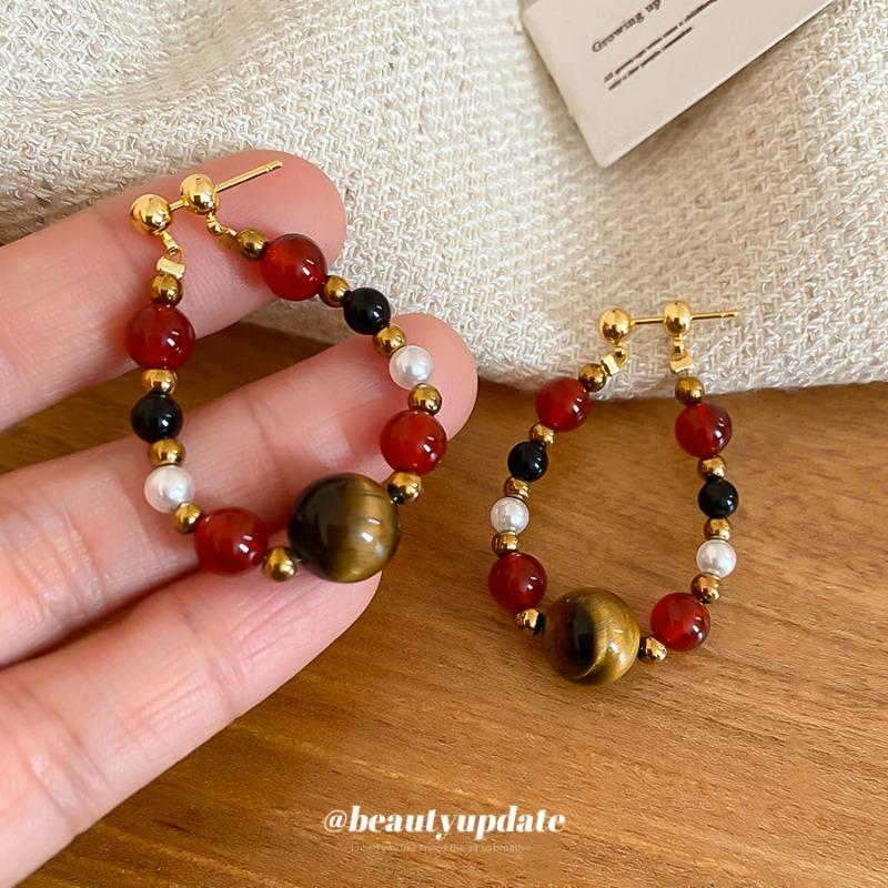 Серьги-гвоздики с серебряной иглой, круглые, с черным желчным камнем, тигровым глазом, жемчугом, легкая роскошь, ретро-серьги в стиле Маillard
