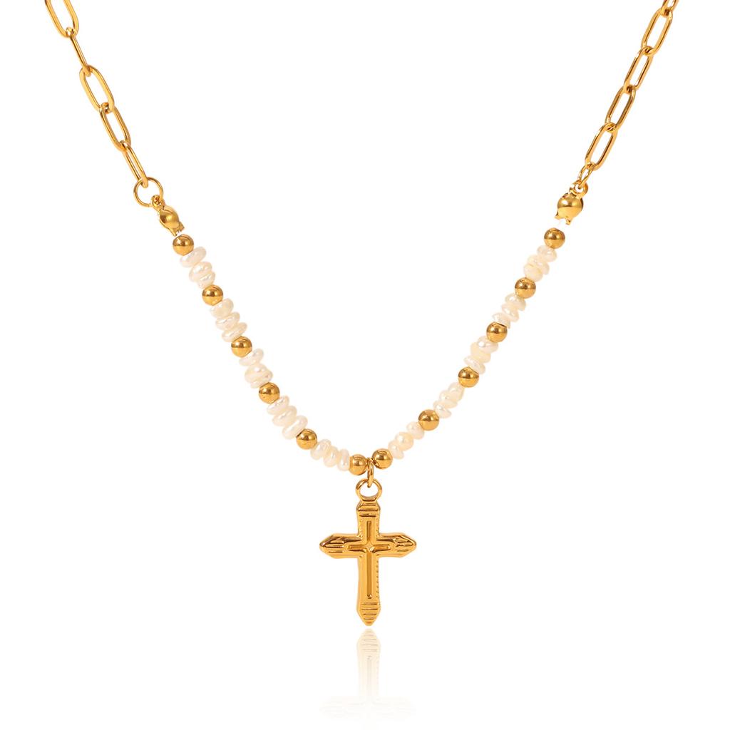 French light luxury vintage natural freshwater pearl necklace stainless steel cross pendant jewelry high-end clavicle chain