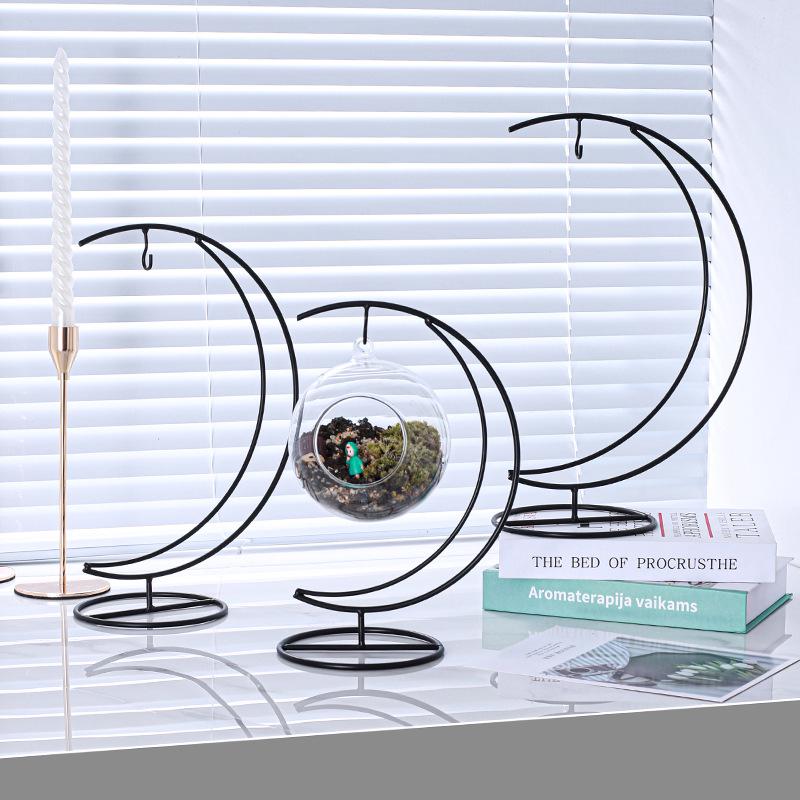 Moon-Shaped Moss Micro Landscape Glass Bottle with Iron Art Hanging Hook