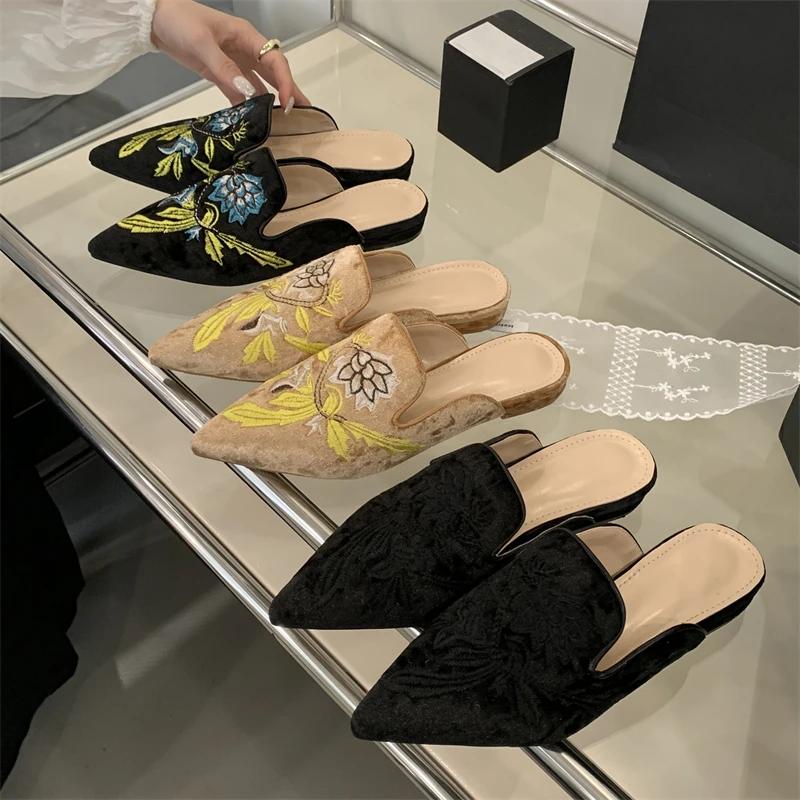 Fashion Eilyken Summer Embroidery Pointed Toe Slippers Women Fashion Low Heels Casual Party Mules Shoes Zapatos De Mujer