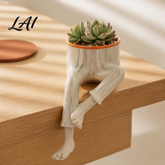 Resin Succulents Pot with Drainage Funny Leggy Human Shaped Planter Creative Legs Sitting Figurine Flower Pot Unique Planter for Indoor Home