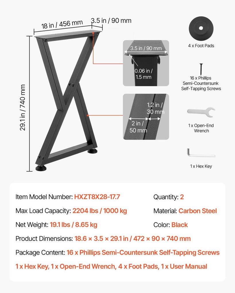 Table Legs, 740 x 472 mm (H x W) Steel Furniture Legs, Modular Design, Easy Assembly, 1000 kg Max Load Heavy Duty, Z Shape for Home Office Desk DIY,