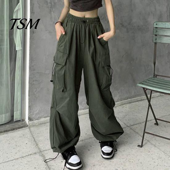 Trousers Women Cargo Pants Hip Hop Baggy Solid Color Multi Pockets Elastic Waist Match Top Loose Breathable Lady Clothes