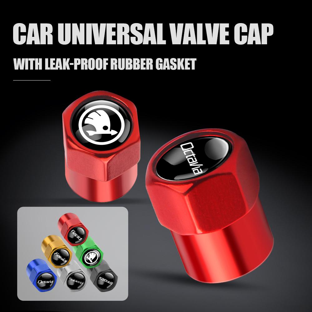 AAFM1 4Pcs Car Emblem Tire Valve Covers Dust Caps For Skoda S VRS VII Octavia Superb A5 A7 3 Kodiaq Fabia Rapid Kamiq Yeti Karop Scala
