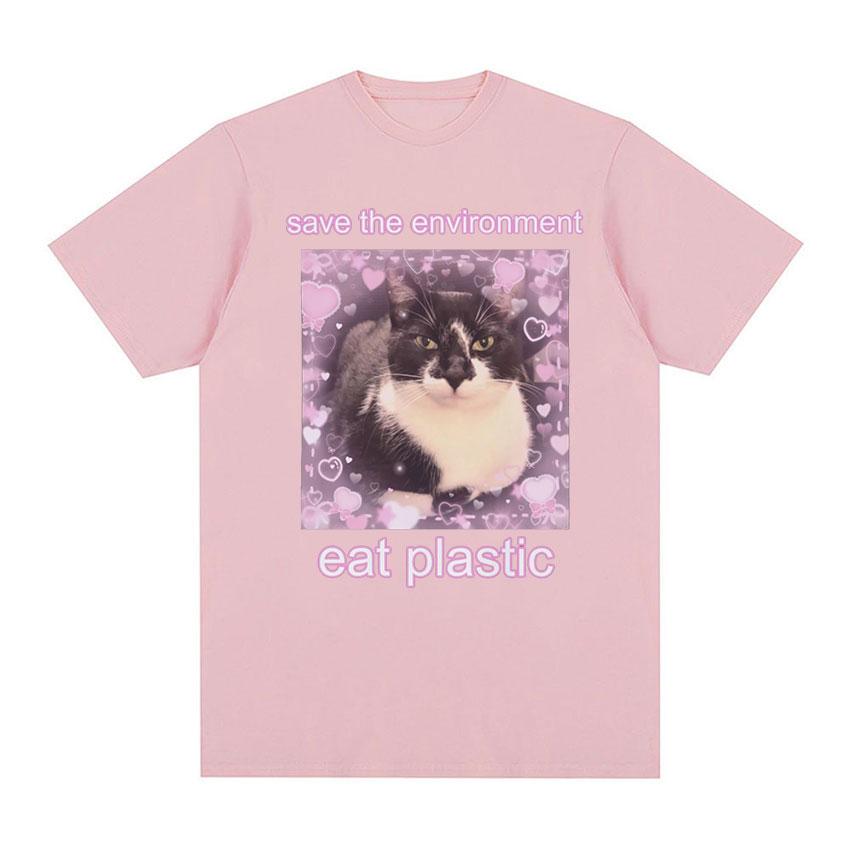 2025 Summer Save The EnvironUnisext Eat Plastic Cute Cat Graphic T Shirt Funny Unisex Women ONeck 100 Pure Cotton Printed Tshirt