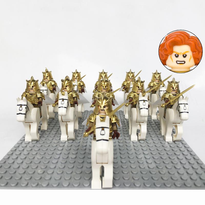 Medieval Knights Castle Cavalry Rohan Soldiers Guard Army Lotr Cavalier With Weapon Armor Helmet Shield and Horse Figure Blocks