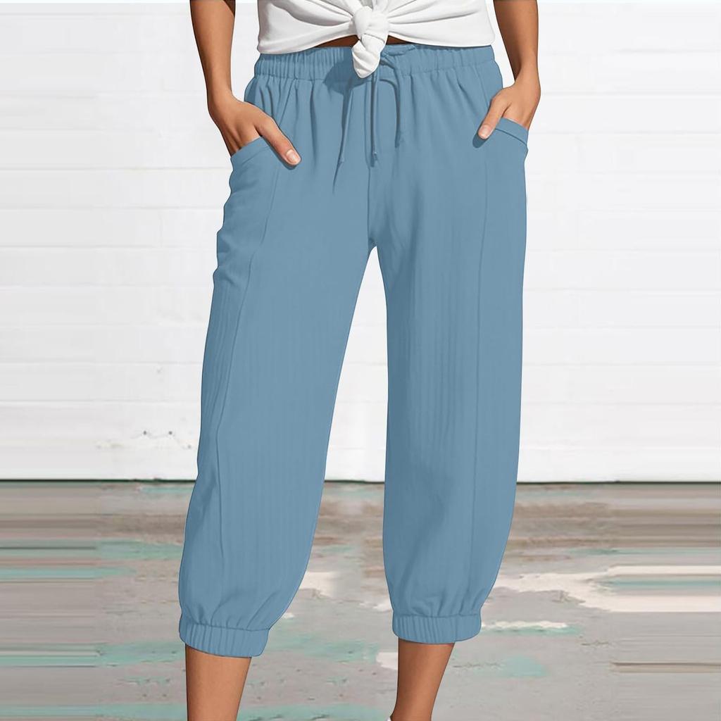 Women's Summer 3/4 Trousers Summer Trousers With Pockets Causal Loose Trousers Fabric Trousers Sport Leisure Beach Trousers