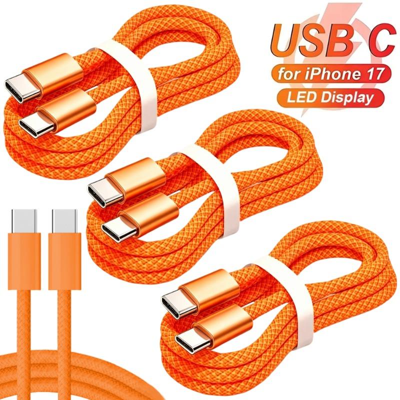 1-3 метра, 60 Вт, быстрая зарядка PD, USB-C кабель для передачи данных для iPhone 17 16 Pro Max 17 Air, оранжевый, нейлоновая оплетка, поддержка Carplay