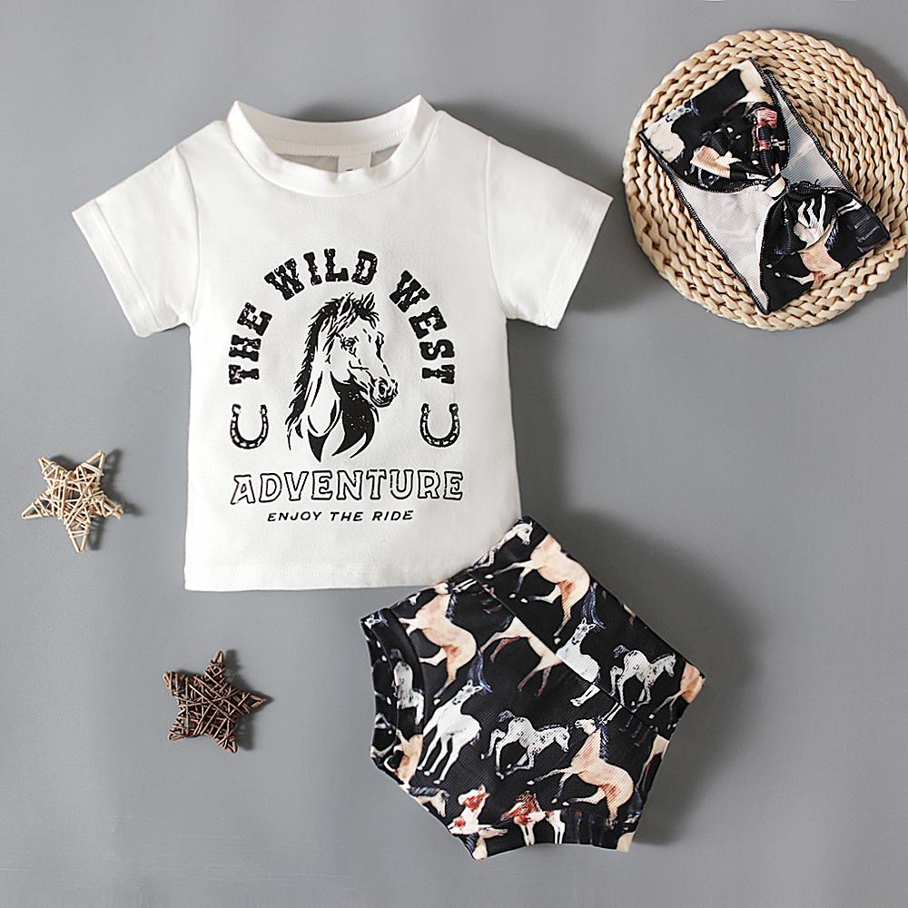 Летняя футболка с принтом животных для малышей + шорты + повязка на голову, комплект из 3 предметов, одежда для детей 0–3 лет
