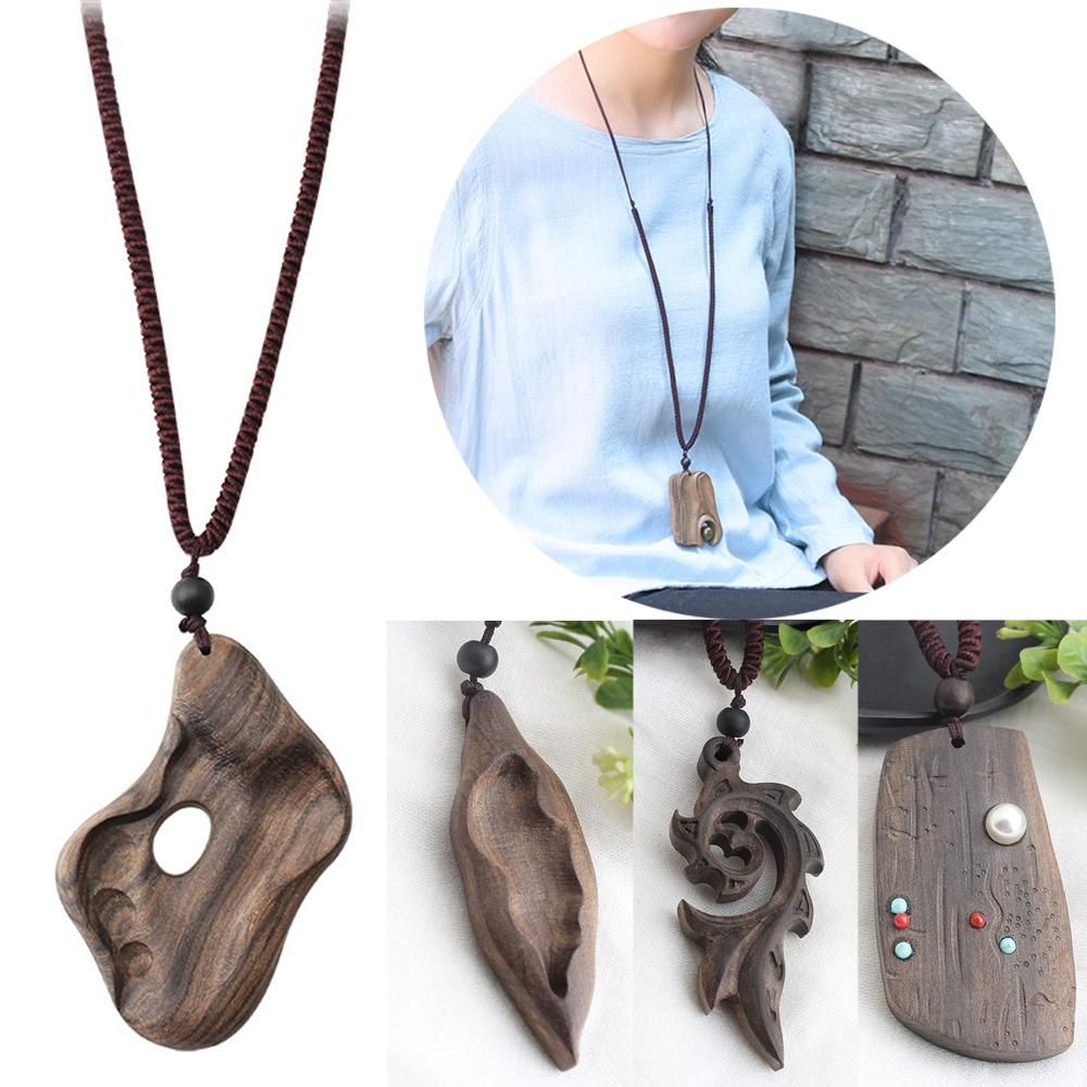Jewelry Adjustable Long Chain Vintage Natural Stone Necklace Sandalwood Pendant Handmade Wooden