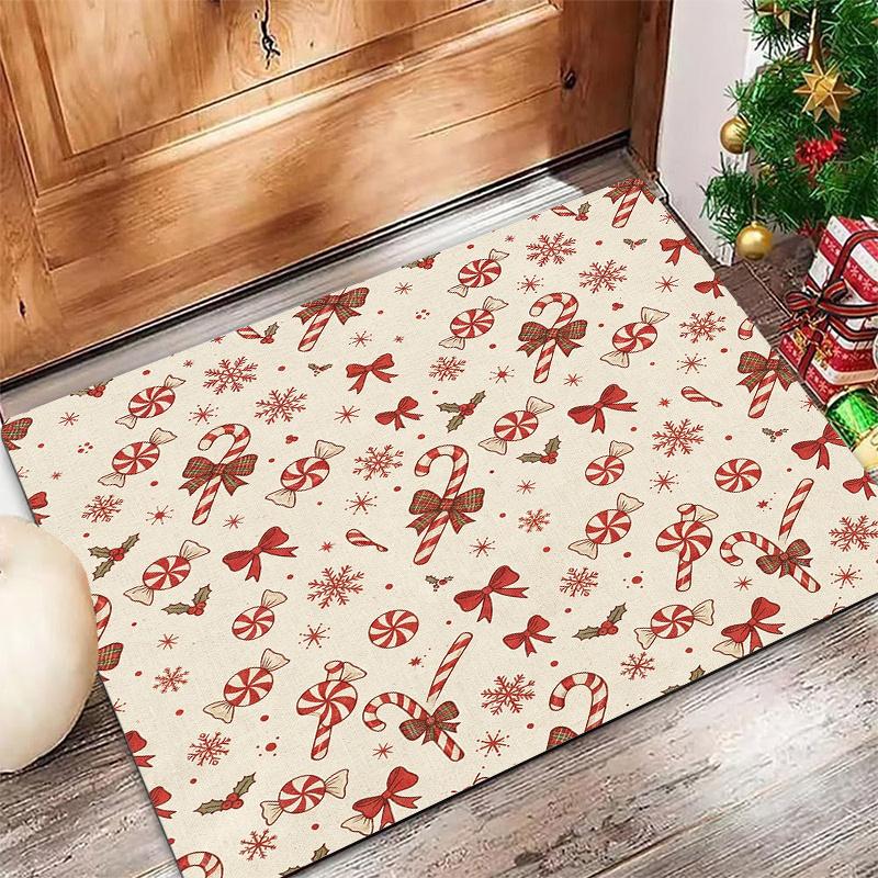 Reindeer Stripe Holiday Door Mat Snowflake Tree Print Non Slip Floor Mat For Winter Season Entryway Decor