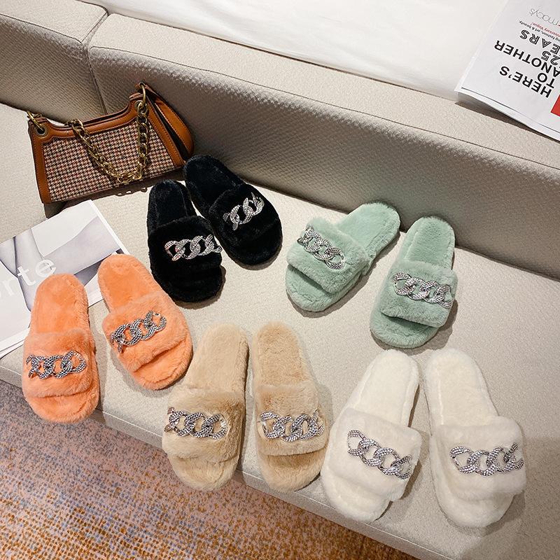 Cute Warm Fluffy Slippers Women Cozy Faux Fur Cross Indoor Floor Slides Flat Soft Furry Shoes Ladies Female Celebrities
