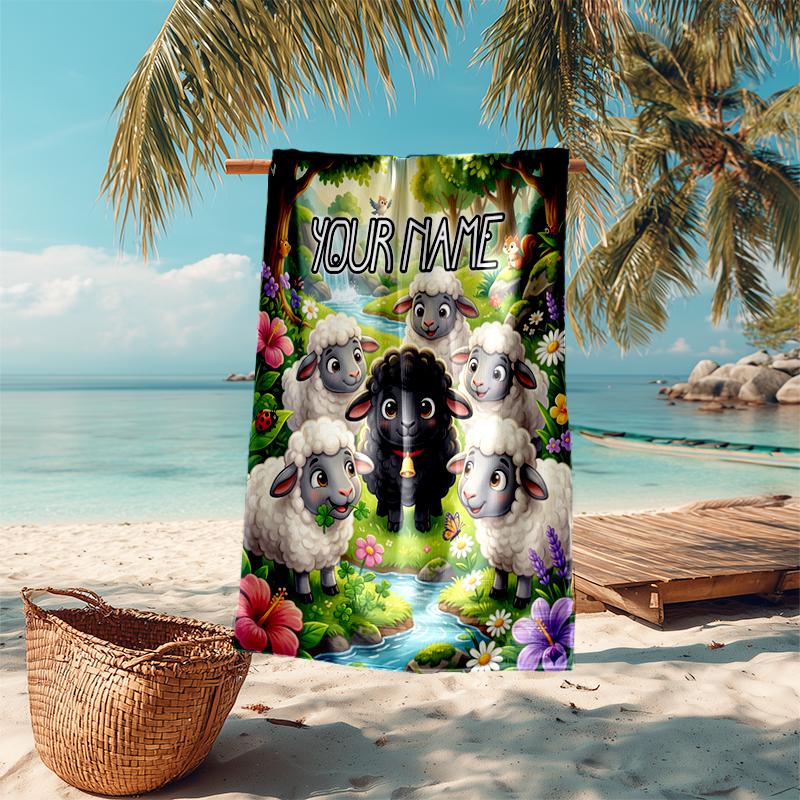 1PC Custom Name Sheep Family Garden Beach Towel Highly Absorbent And Sand-Resistant Towel for Swimming, Pool, Yoga, And Travel Lightweight