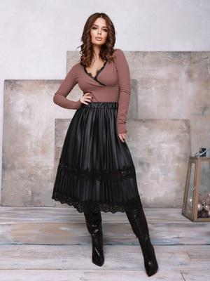 Черная кожаная юбка плиссе с кружевом ISSA Plus