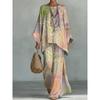 1116 New retro bohemian cashew flower set, crew neck flared sleeve top + two pieces of wide-leg pants.