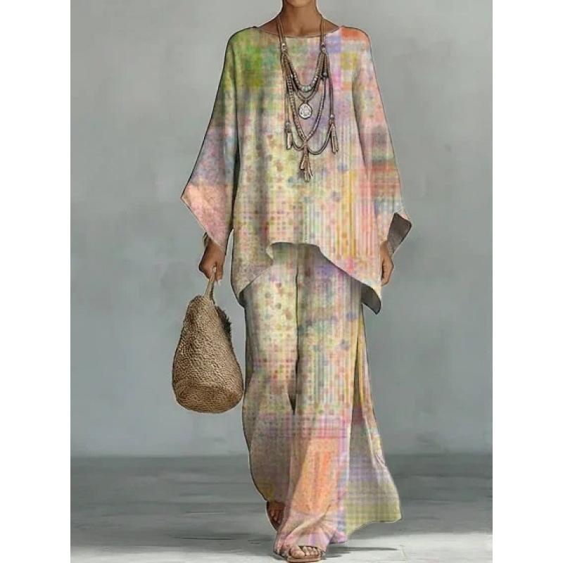 1116 New retro bohemian cashew flower set, crew neck flared sleeve top + two pieces of wide-leg pants.