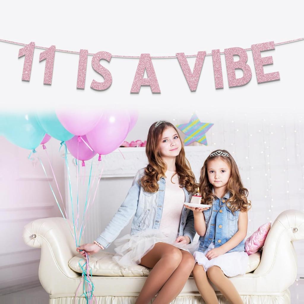 11th Birthday Party Decorations for Girls, Rose Gold Glitter 11 is a Vibe Banner, Cheers to 11 Years Groovy Birthday Party Supplies